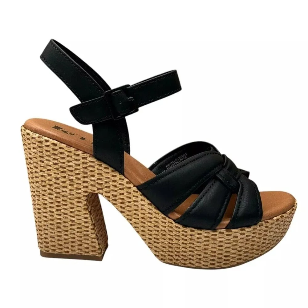 KORKS Dee Womens Wedge Platform Sandal Size 9 Black/Tan Faux-leather Block Heel